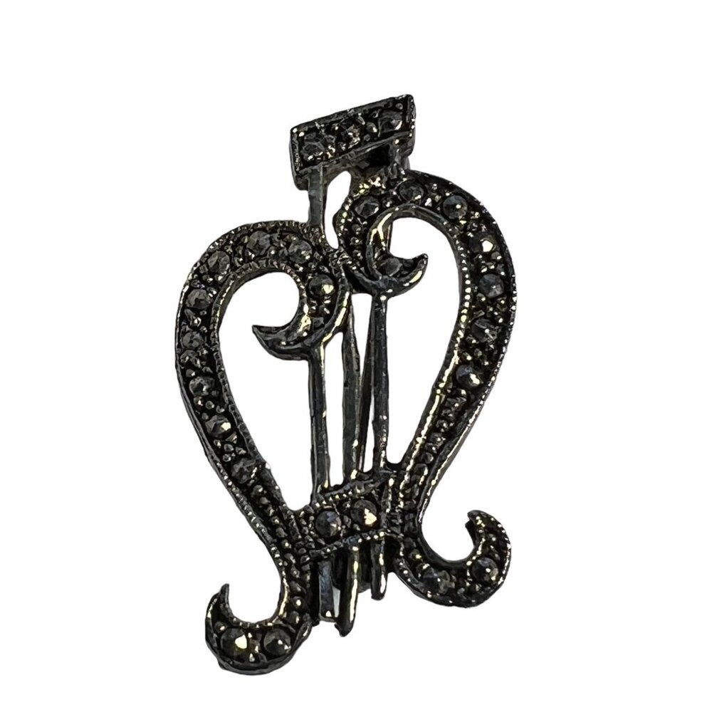 Vintage Musical Brooch Marcasite Silver Tone Swirl Pin